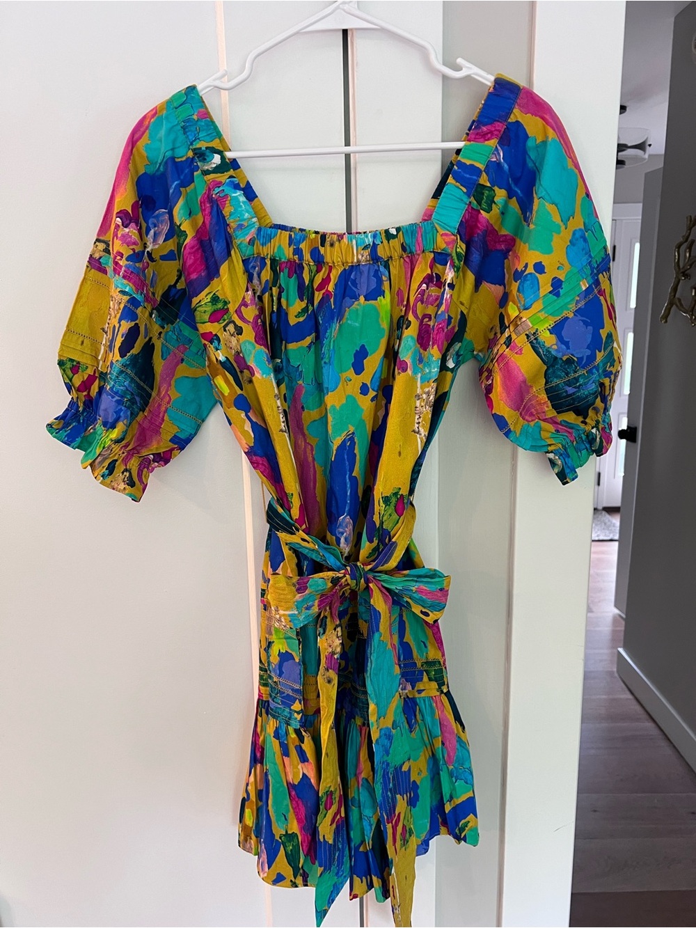 ALIVIA Colorful Abstract Print Women’s Tie-Waist Dress- SMALL